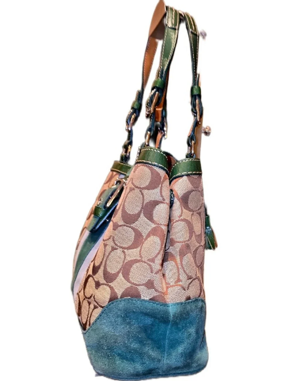 Coach Vintage Y2k Hampton Signature Green & Blue Suede Double Handled Tote Bag